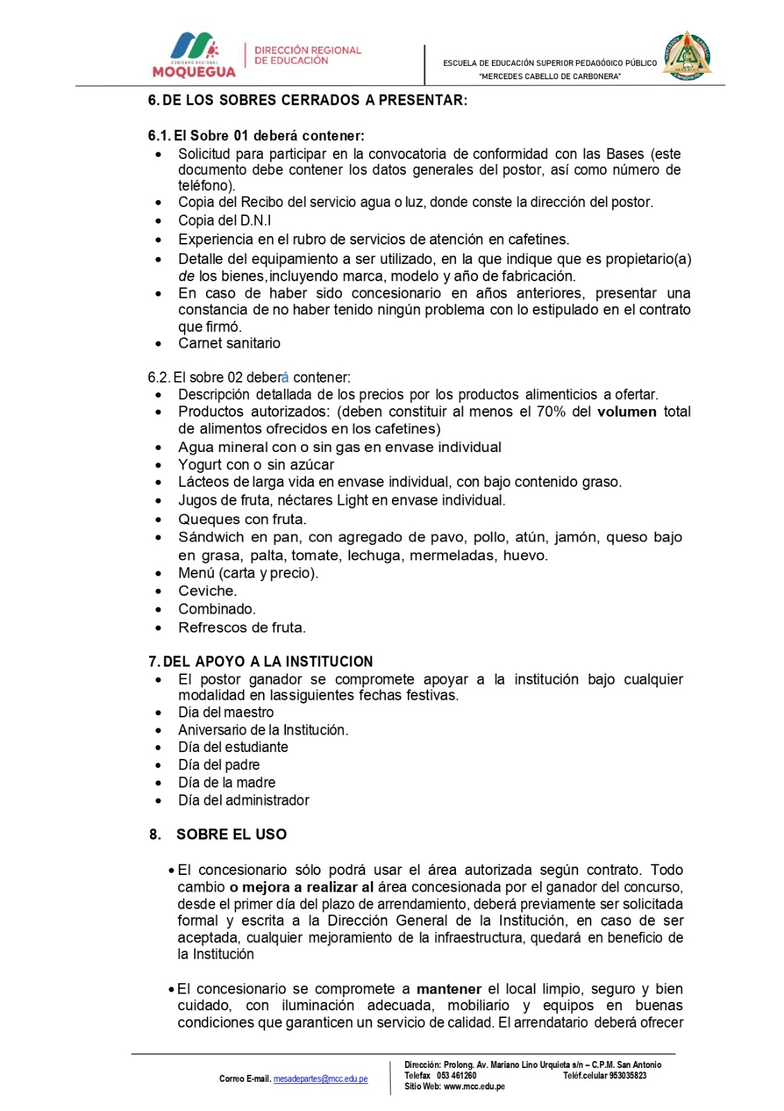 CONVOCATORIA PARA CONCESION DE CAFETERIA Y/O COMEDOR 2023 - EESPP Mercedes  Cabello de Carbonera